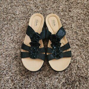Clarks Collection Flower Leather Wedge Sandals Women’s 10M